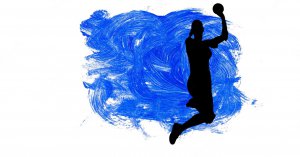 silhouette-der-handballerin-gegen-blaue-pinselstriche-auf-weissem-hintergrund 1134-5153